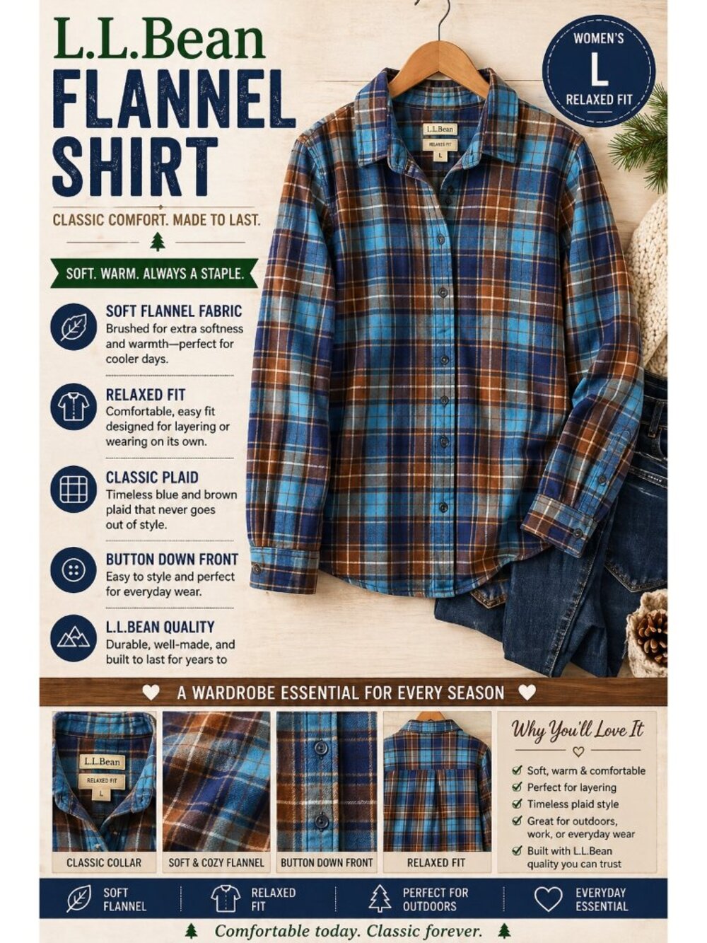 LL Bean Flannel Shirt Womens Large Blue Brown Plaid Button Down Relaxed Fit